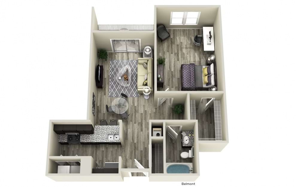 Belmont - 1 bedroom floorplan layout with 1 bath and 774 square feet.