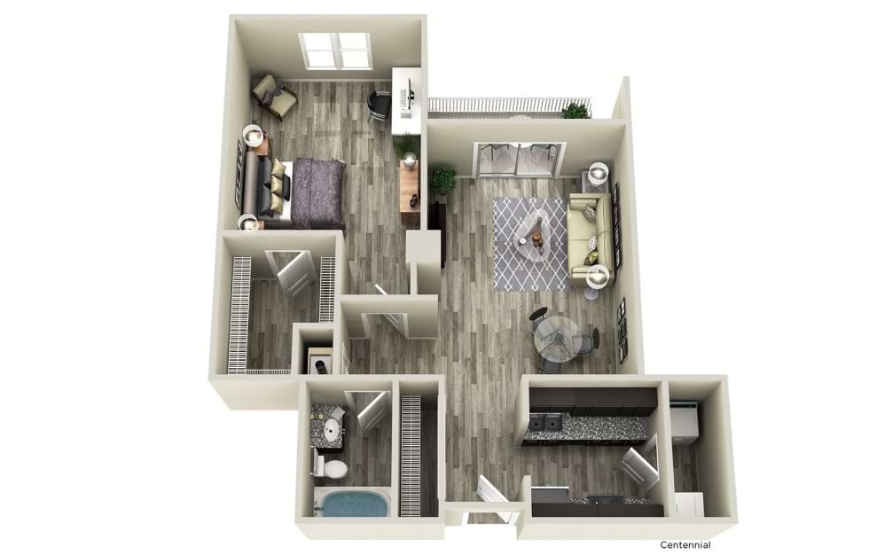 Centennial - 1 bedroom floorplan layout with 1 bath and 783 square feet.