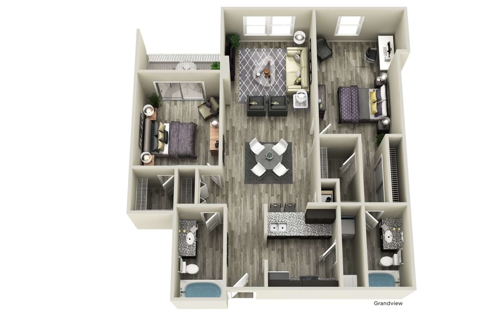 Grandview - 2 bedroom floorplan layout with 2 bathrooms and 1115 square feet